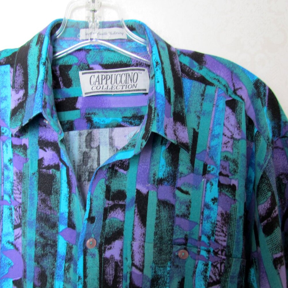 Y2K MEN'S SHIRT, WILD 1990s, VINTAGE AQUA BLACK GREEN LONG SLEEVE w COLLAR